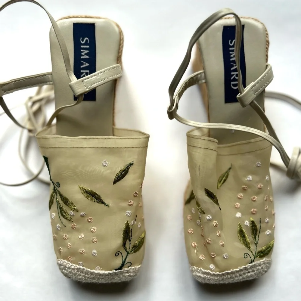 Simard embroidered Floral Ankle Tie Platform Espadrille Shoes Size 36